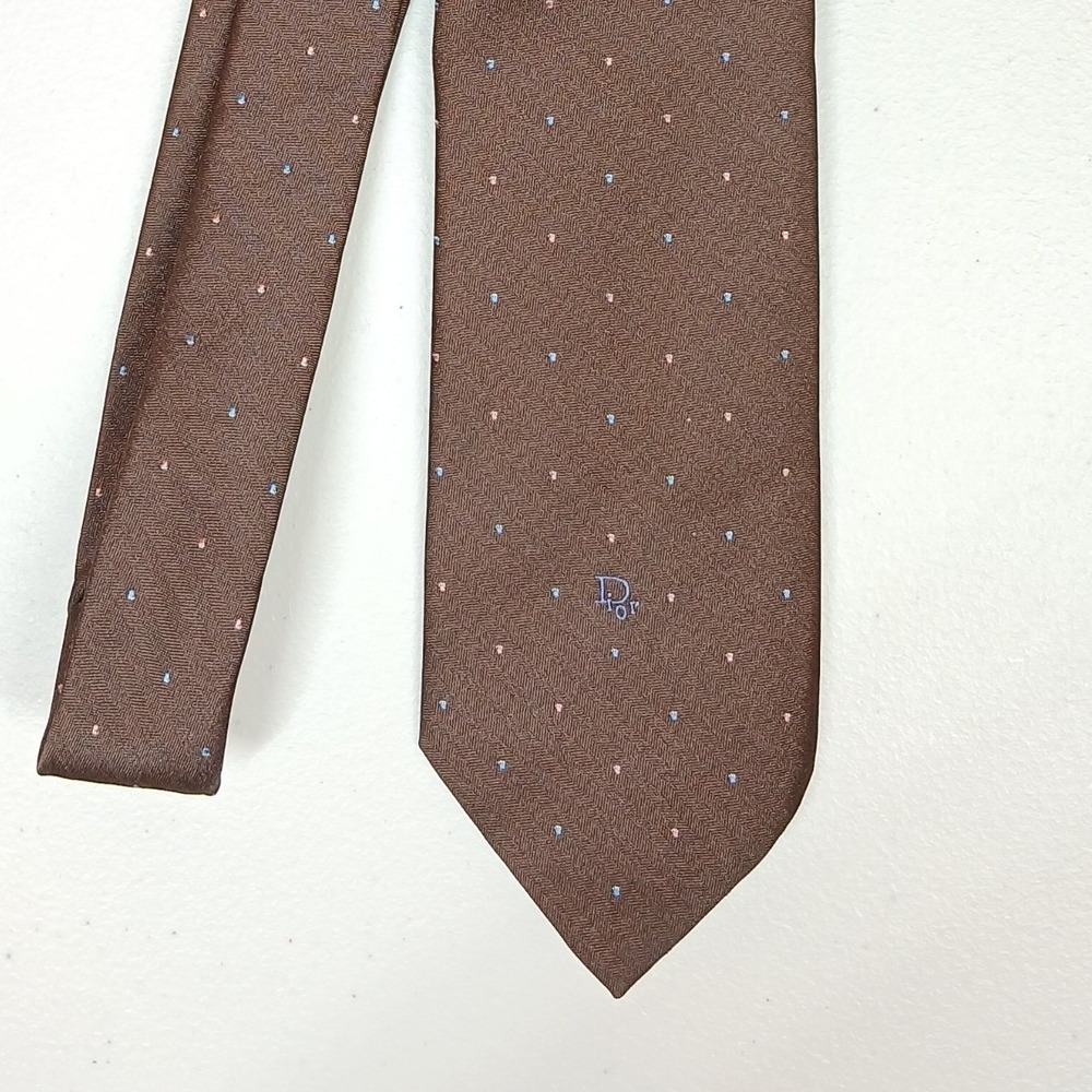 Christian Dior Necktie Mens OS Brown Silk Blend Pindot Herringbone Italy Made